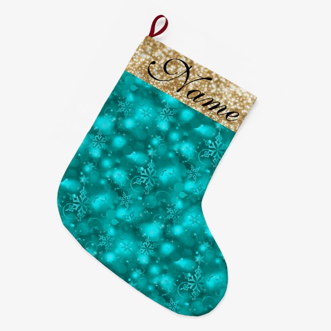 Meia De Natal Grande Flocos de Neve Esparsos, Teal & Dourado - (Frente (Pendurada))