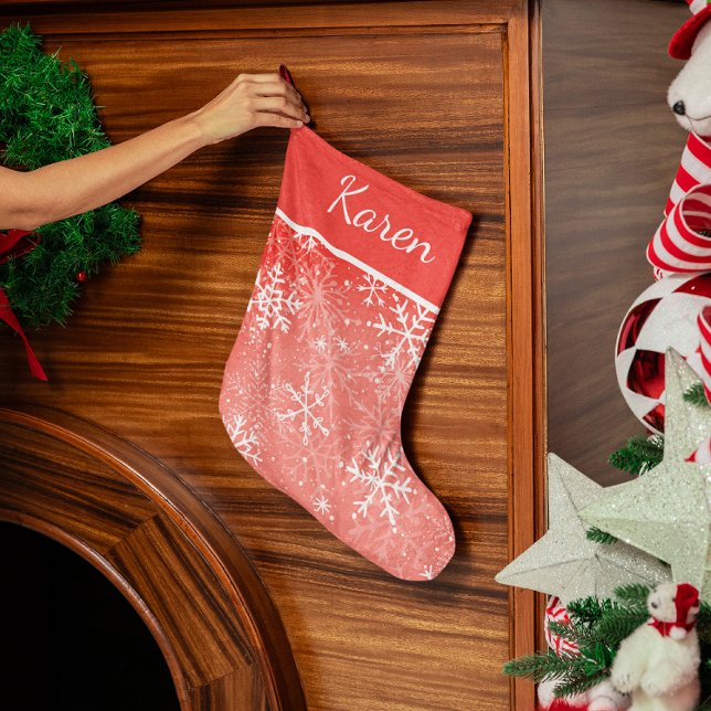 Meia De Natal Grande Flocos de neve vermelhos e brancos Nome Natal (Red and white snowflakes name Christmas Large Christmas Stocking)