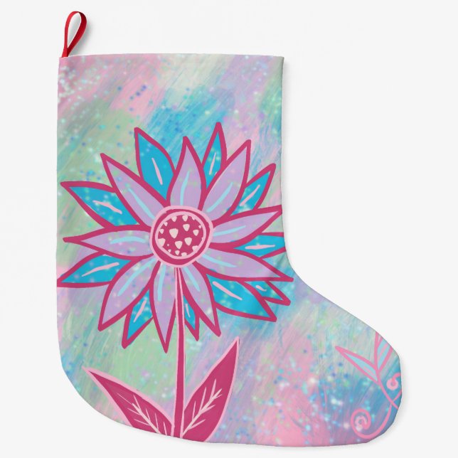 Meia De Natal Grande Flor de Pastel, desenhado à mão, (Frente)