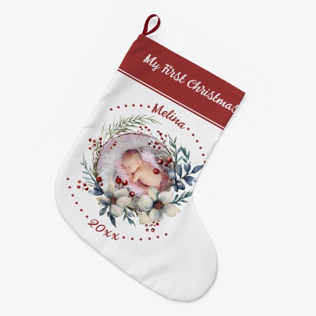 Meia De Natal Grande Floral wreath Baby's First Christmas (Frente (Pendurada))