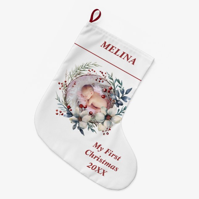 Meia De Natal Grande Floral wreath Baby's First Christmas (Frente (Pendurada))