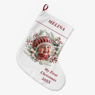 Meia De Natal Grande Floral wreath Bebê Primeiro Nome Foto de Natal