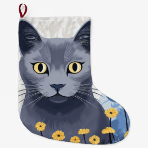 Meia De Natal Grande Flores Amarelas do Gato Azul Russo