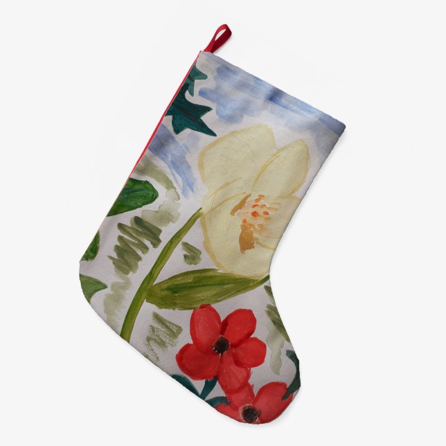 Meia De Natal Grande Flores de Inverno & Azevinho (Frente (Pendurada))