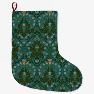 Meia De Natal Grande Flores de Outono William Morris Azul Verde Vintage