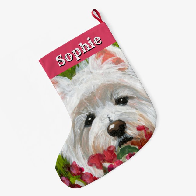 Meia De Natal Grande Flores de Westie e Rosa (Verso (Pendurada))