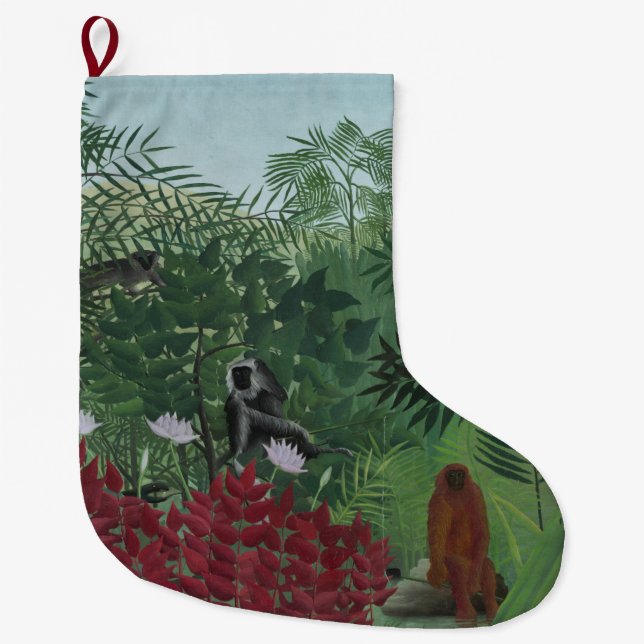 Meia De Natal Grande Floresta Tropical com Macacos e Cobra (Rousseau) (Frente)