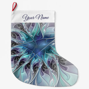 Meia De Natal Grande Flourar Abstrato Moderno Flor Fractal Nome Azul