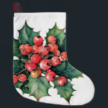 Meia De Natal Grande Folhas de bagas ocas de coloração aquosa da vindim<br><div class="desc">Uma pintura de aquarela vintage de bagas e folhas sagradas clássicas. Personalizável!</div>