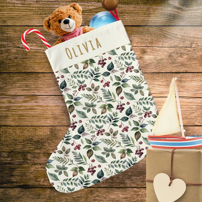 Meia De Natal Grande Folhas e Frutas Vermelhas Rústicas de Inverno Pers (A Christmas stocking with an elegant pattern of greenery and red berries, personalized with a name)