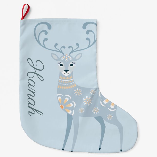 Meia De Natal Grande Folk Art Winter Deer Personalizado (Frente)