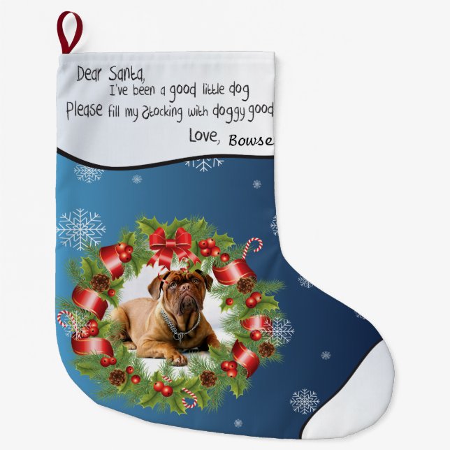 Meia De Natal Grande FOTO Blue Snowflake FRAME para a fotografia do seu (Frente)