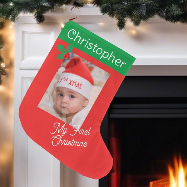 Meia De Natal Grande Foto do Primeiro Bebê Nome Personalizado Menino ou (Criador carregado)