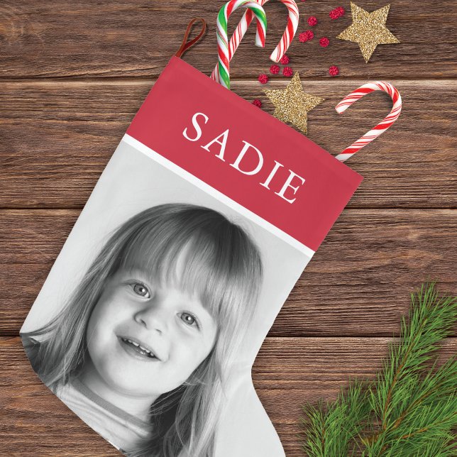 Meia De Natal Grande Foto Festiva Moderna Vermelha + Feriado de Nome (Criador carregado)