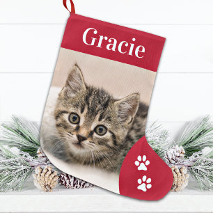 Meia De Natal Grande Fotos de Gatos Personalizados de Natal Vermelho