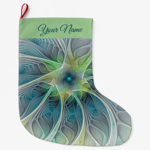 Meia De Natal Grande Fractal Verde Moderno Fantasy Flor Nome Próprio
