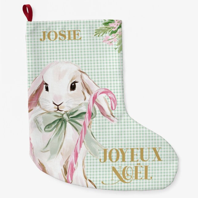 Meia De Natal Grande French Bunny & Green Gingham Joyeux Noël (Frente)