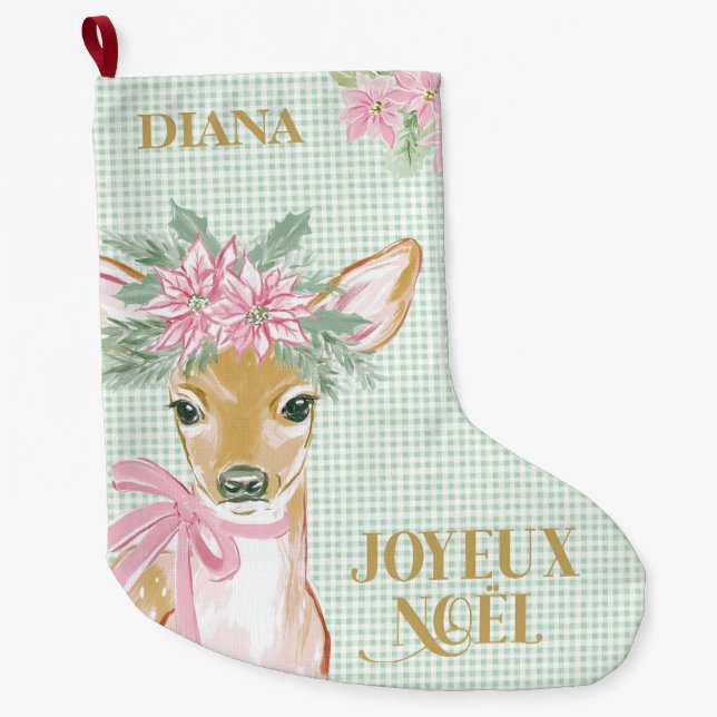 Meia De Natal Grande French Deer & Green Gingham Joyeux Noël (Frente)