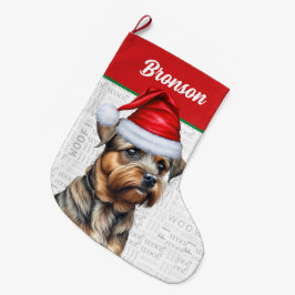 Meia De Natal Grande Fronteira de Natal Terrier com Nome Fundo Woof