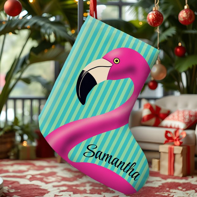Meia De Natal Grande Fun Flamingo Hot Pink Aqua Stripes Modern Tropical (Vibrant personalized flamingo stocking with hot pink and aqua stripes for a tropical holiday.)