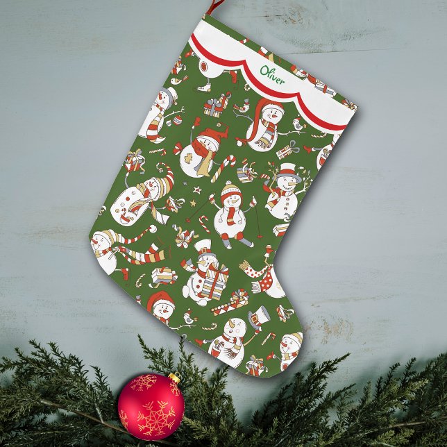 Meia De Natal Grande Funny Snowman Pattern on Green (Criador carregado)