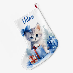 Meia De Natal Grande Gatinho de Natal bonito com presentes e nome
