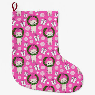 Meia De Natal Grande Gatinho Rosa Puro