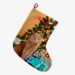 Meia De Natal Grande Gato com Árvore de Natal decorada e Caixas de Pres