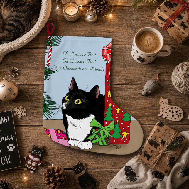 Meia De Natal Grande Gato de Smoking Preto e Branco Engraçado na Árvore (Criador carregado)