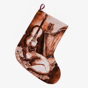 MEIA DE NATAL GRANDE GATO MUSICAL COM CORVO VIOLINO E HARPA, MARROM BRA