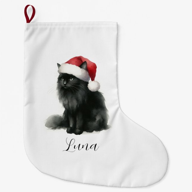 Meia De Natal Grande Gato Preto de Aquarelas na Festiva Santa Hat (Frente)
