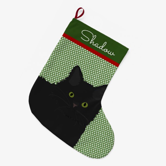 Meia De Natal Grande Gato Preto de Cabelo Longo Personalizado (Frente (Pendurada))