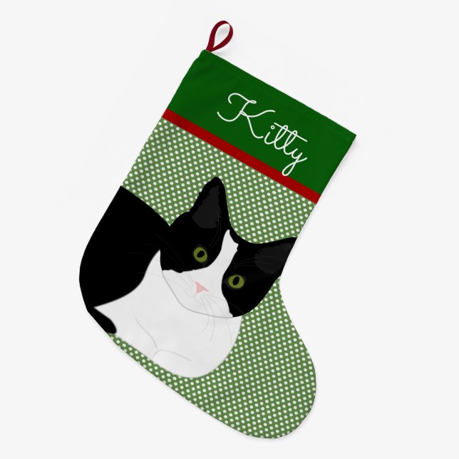 Meia De Natal Grande Gato Preto E Branco Personalizado (Frente (Pendurada))