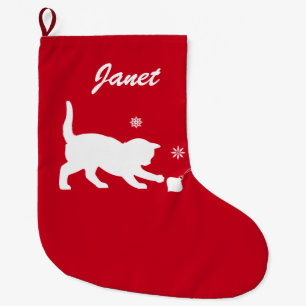 Meia De Natal Grande Gato que joga com os enfeites de natal