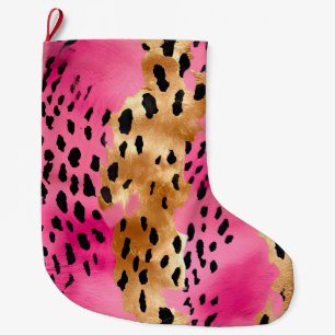 Meia De Natal Grande Gelado Dourado Rosa, Abstrato de Impressão Leopard