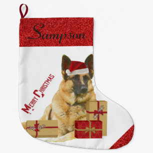 Meia De Natal Grande German shepherd adorável no chapéu do papai noel