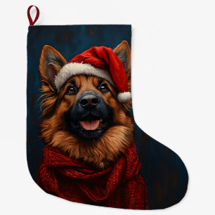 Meia De Natal Grande German shepherd em um Chapéu Santa