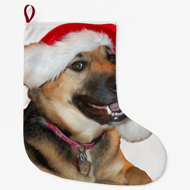 Meia De Natal Grande German shepherd Papai Noel (Frente)