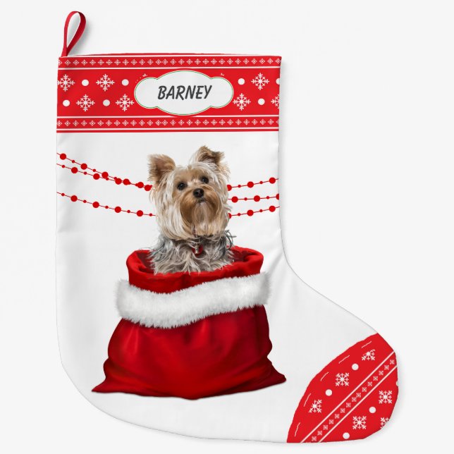 Meia De Natal Grande Gift Bag Yorkshire Terrier Dog Snowflake Border (Frente)