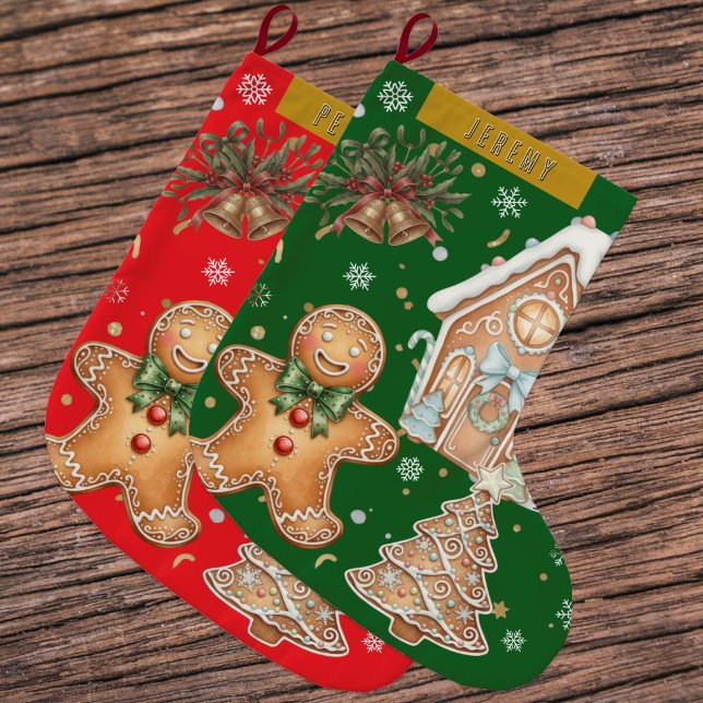 Meia De Natal Grande Gingerpão verde, árvore, Natal (Green Christmas Stocking, Gingerbread / personalized)