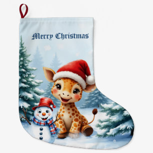 Meia De Natal Grande Girafa de Cartoon Bonita com Santa Hat e Snowman