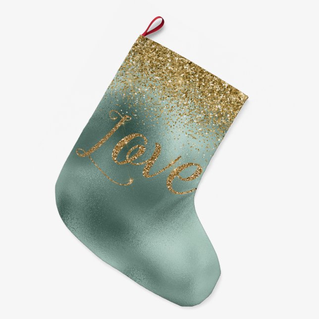 Meia De Natal Grande Glam Aqua Green Glitter Love (Frente (Pendurada))