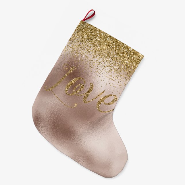 Meia De Natal Grande Glam Blush Rosa Dourado Glitter Love (Frente (Pendurada))
