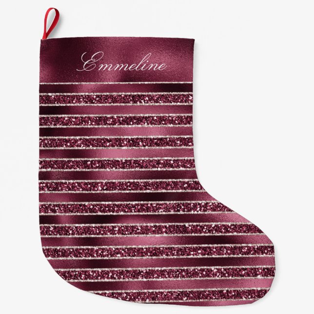 Meia De Natal Grande Glam Burgundy Red Glitter Strips (Frente)
