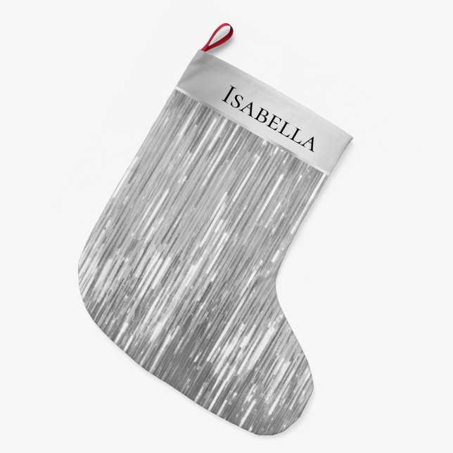 Meia De Natal Grande Glam Silver Glitzy Sparkle Name (Frente (Pendurada))