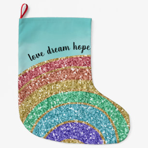 Meia De Natal Grande Glitter Dourado Rainbow Aqua Watercolor Love Dream