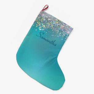 Meia De Natal Grande Glitter Holográfico Personalizado do Ombre Teal