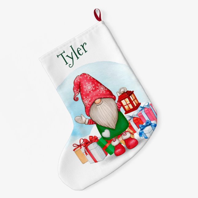 Meia De Natal Grande Gnomo de Natal bonito com nome (Verso (Pendurada))