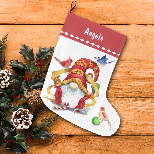 Meia De Natal Grande Gnomo Engraçado de Fita com Aves Personalizadas (Criador carregado)