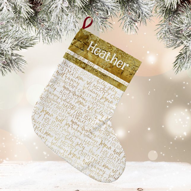 Meia De Natal Grande Golden Christmas Name Stocking (Golden Christmas Name Stocking)